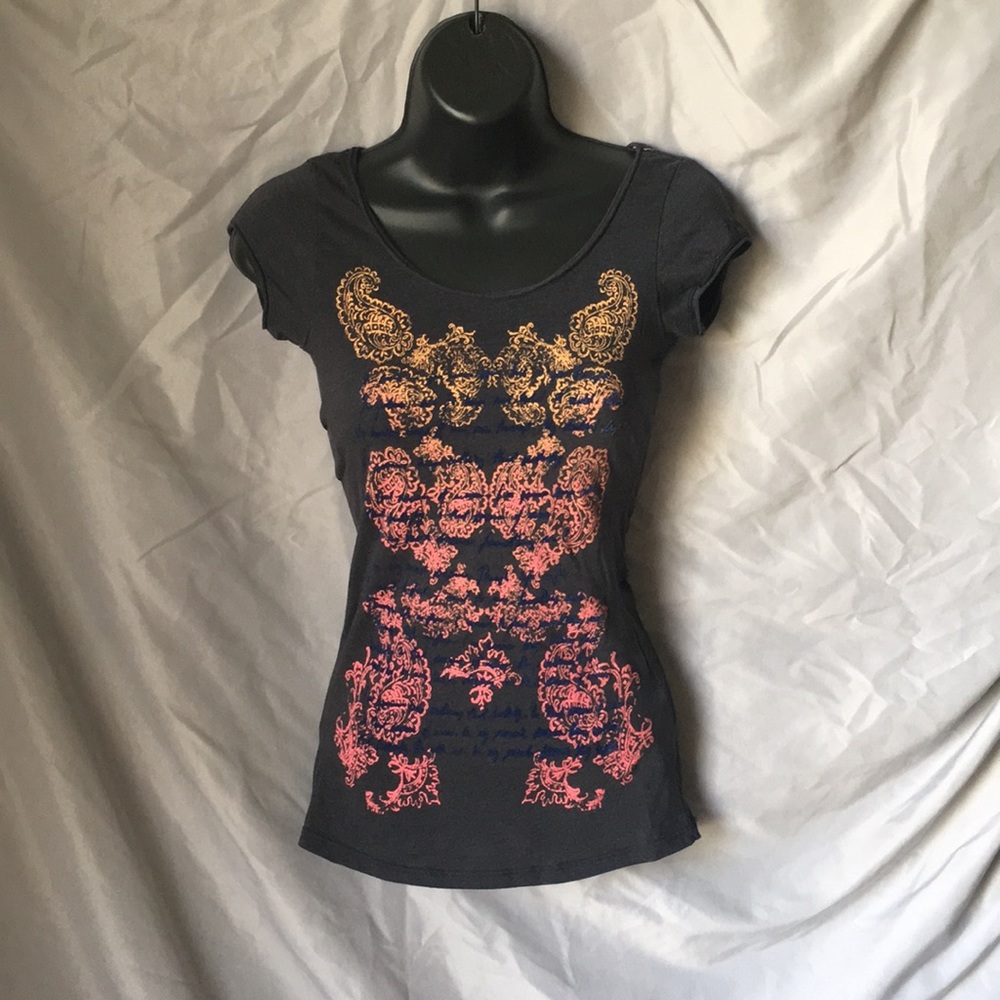 Grey graphic with yellow to pink floral print